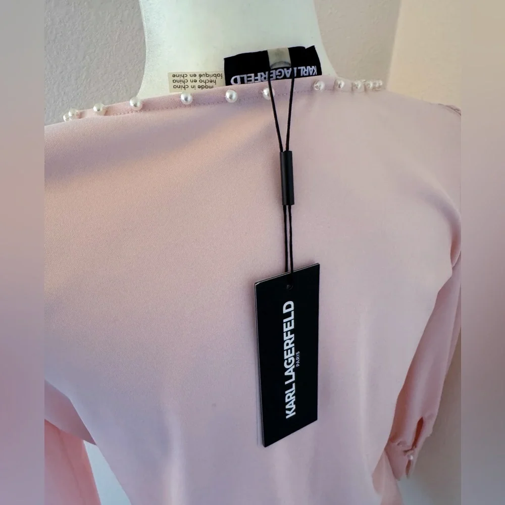 Karl Lagerfeld V Neck Blush Pink Blouse with Pearls